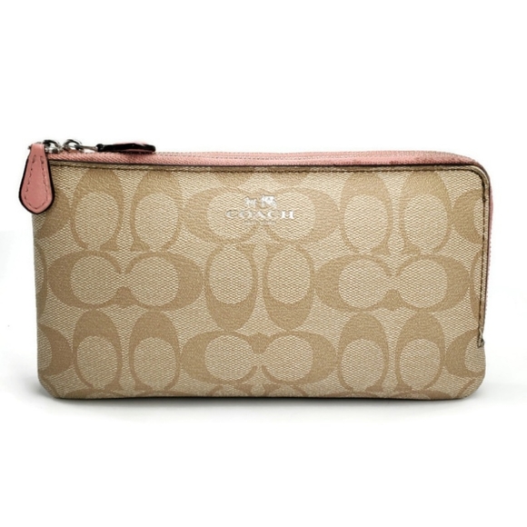 Coach Handbags - Coach Double Zip Signature C Coated Canvas Wallet in Gold/Light Khaki/Bubblegum